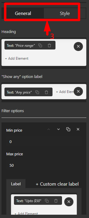 customization general and style tab in price filter element