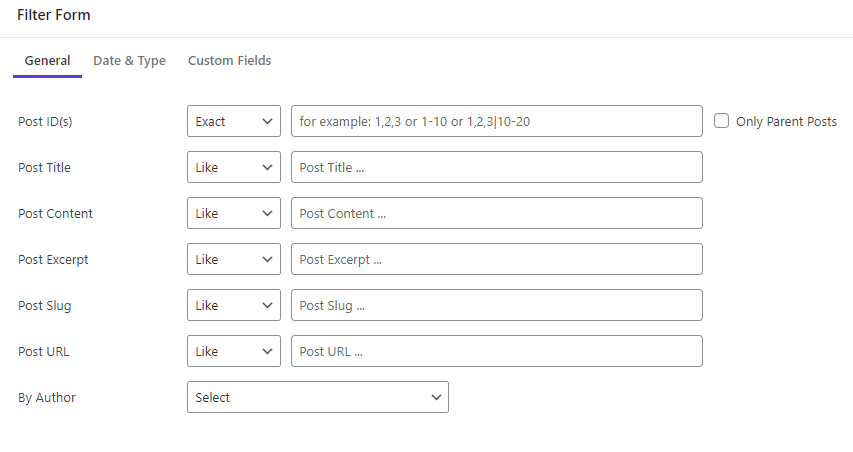 Customization general tab in Bulk Editing filter form