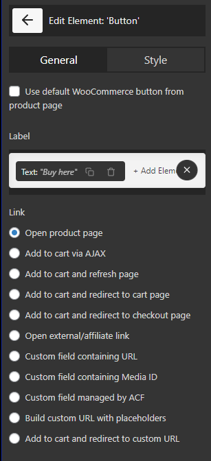 customization general tab in Button element