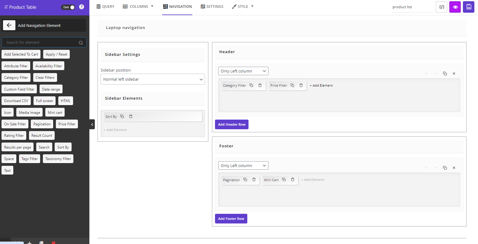 customize navigation tab in WooCommerce table