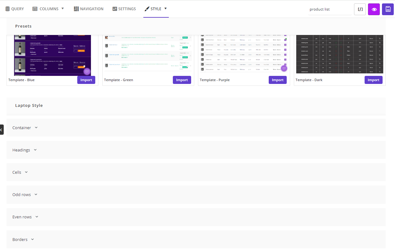 customize style tab in WooCommerce table