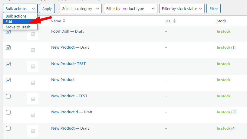 mark products and choose edit of bulk action field in WooCommerce