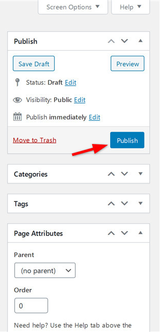 Publish the WordPress page by pressing the Publish button