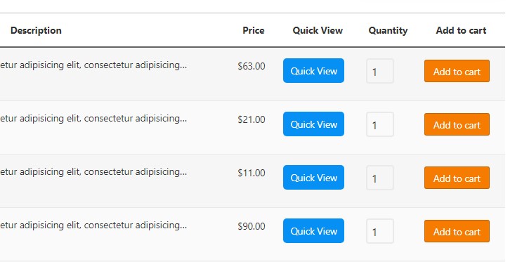 quick view result in WooCommerce table