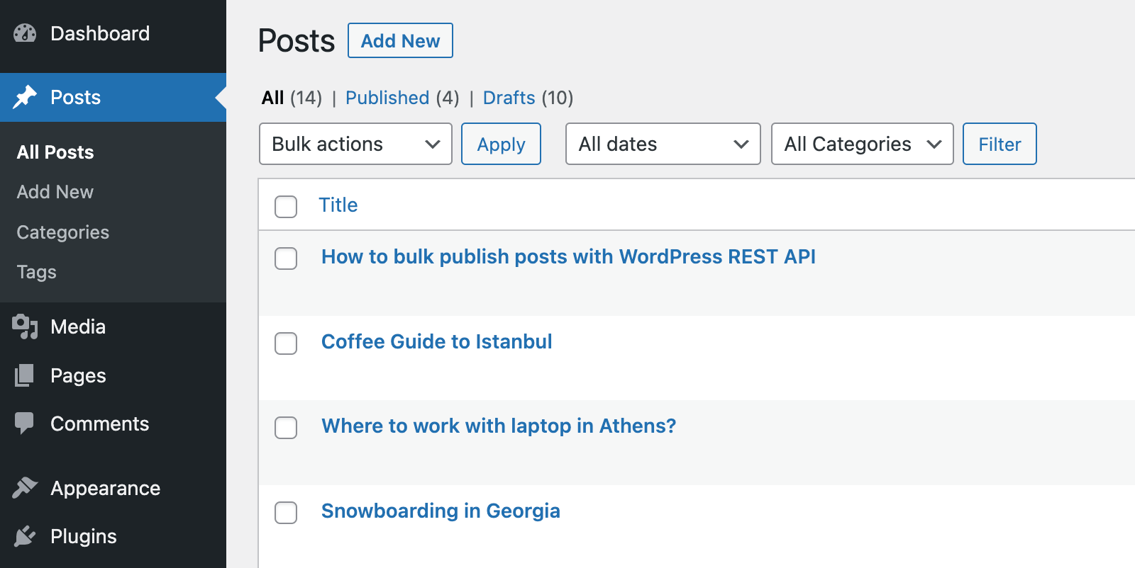 result adding posts code with travel tag in WordPress