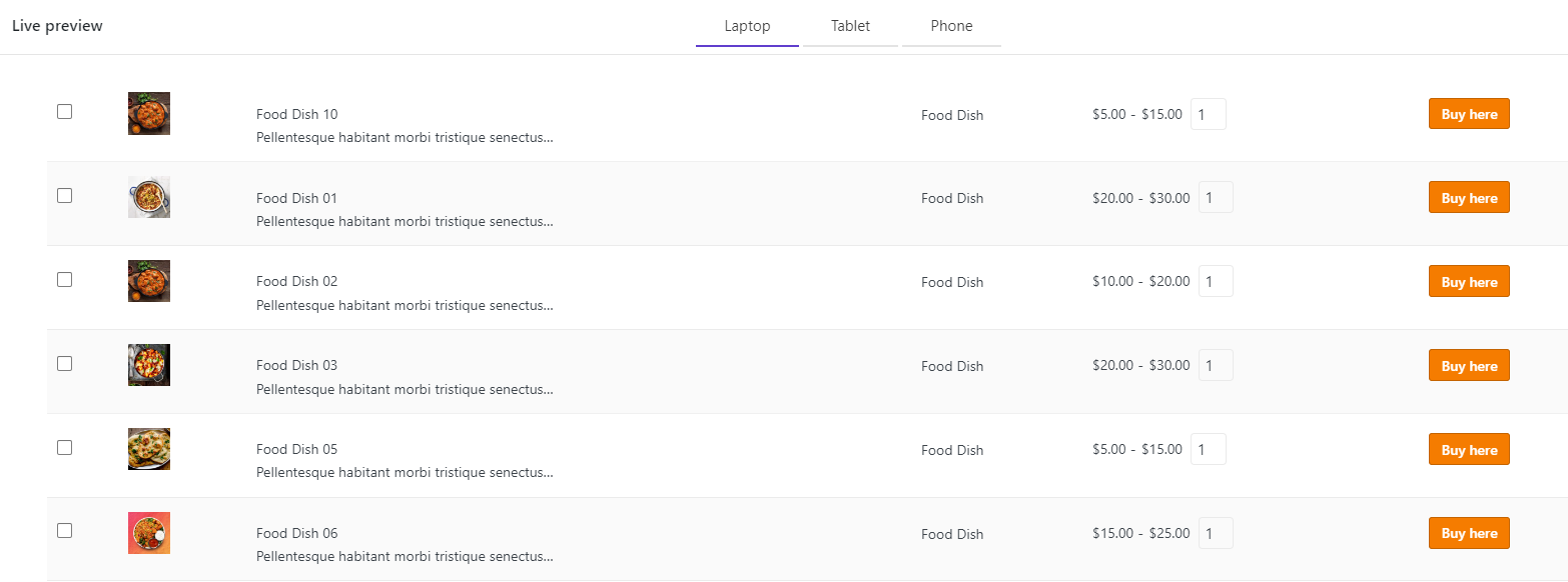 result element content and button in WooCommerce food table