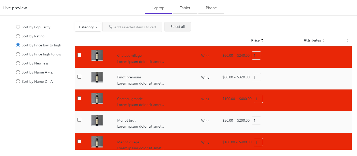result of WooCommerce table customization