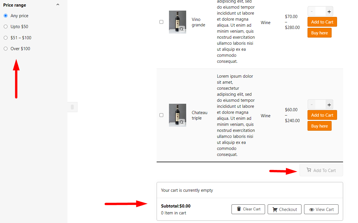 result price filter element in WooCommerce product table