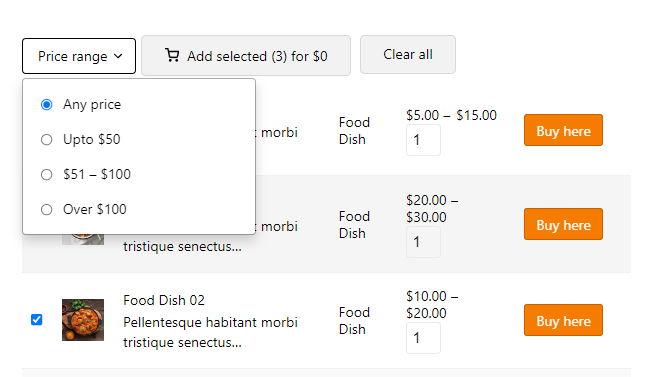 result price filter in restaurant food order form