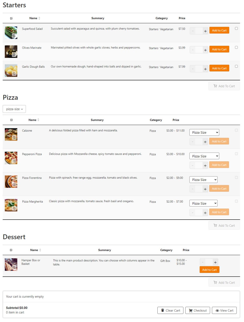 result starters and pizza and dessert food table in WooCommerce