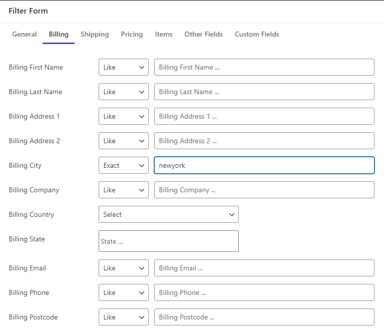 select billing city field in billing tab filter form