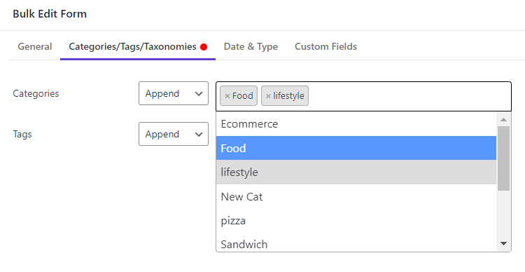 select categories and tags fields in Bulk Edit Form