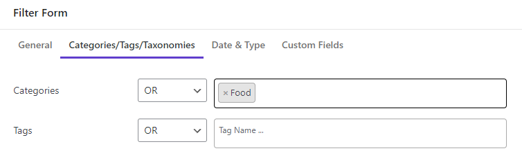 select categories food in filter form