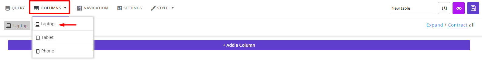 select columns laptop in WooCommerce table