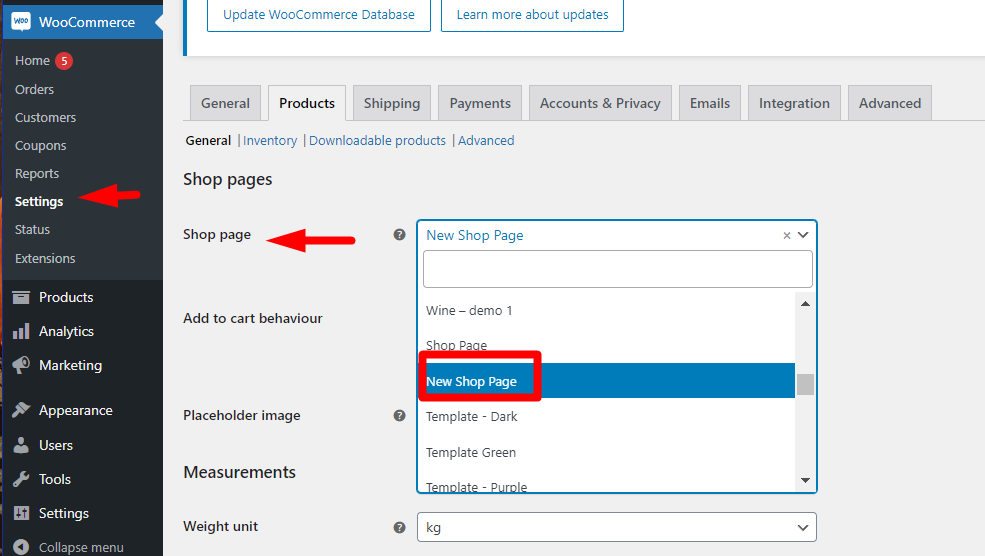 select new shop page option for shop page field in WooCommerce product table