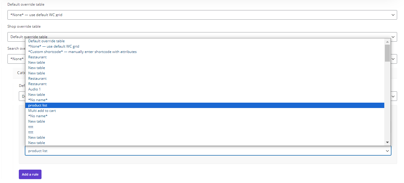 select product list to override table field 