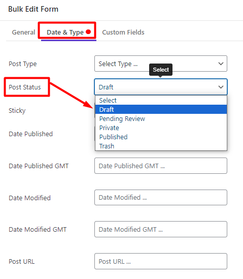 select post status field in date type tab
