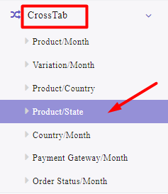 select product and state section in cross tab