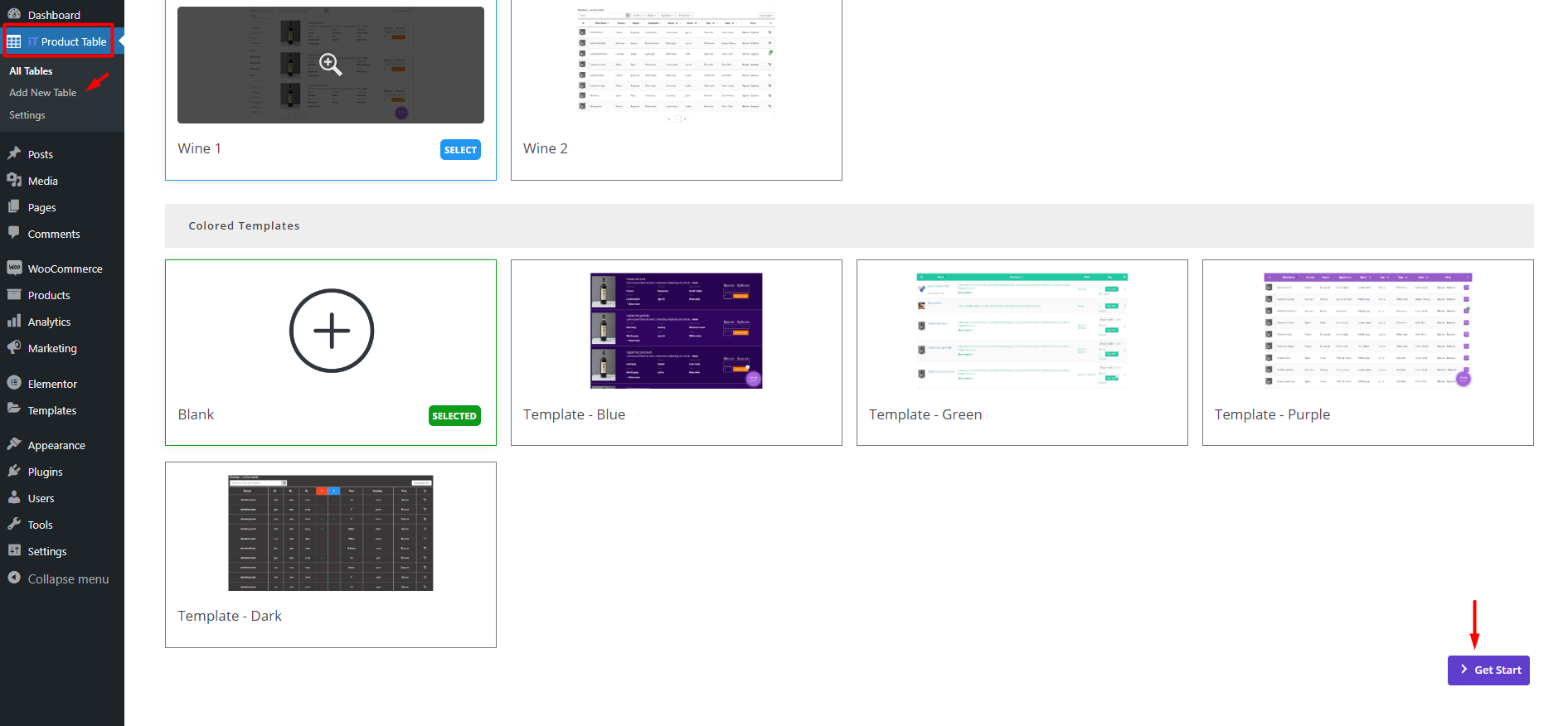 select WooCommerce table template