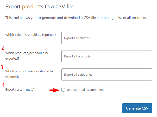 Export WooCommerce products to csv file settings