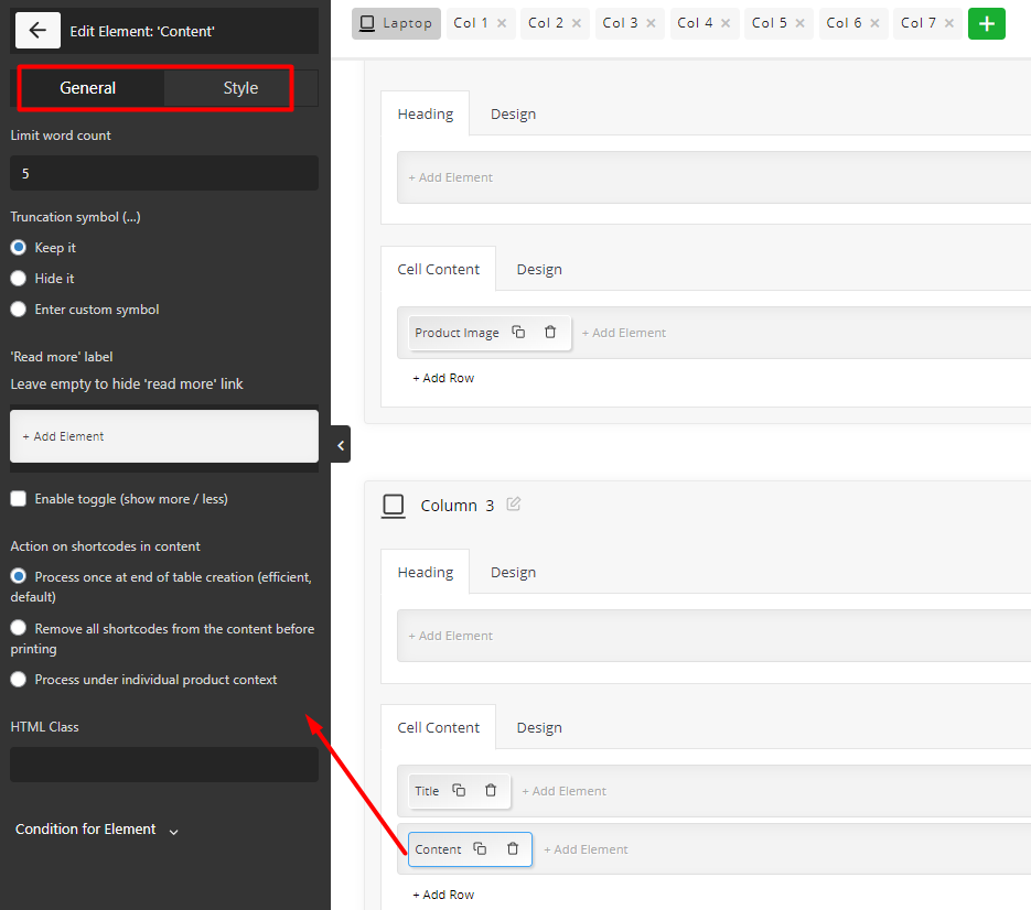 customize content element in style and general tab