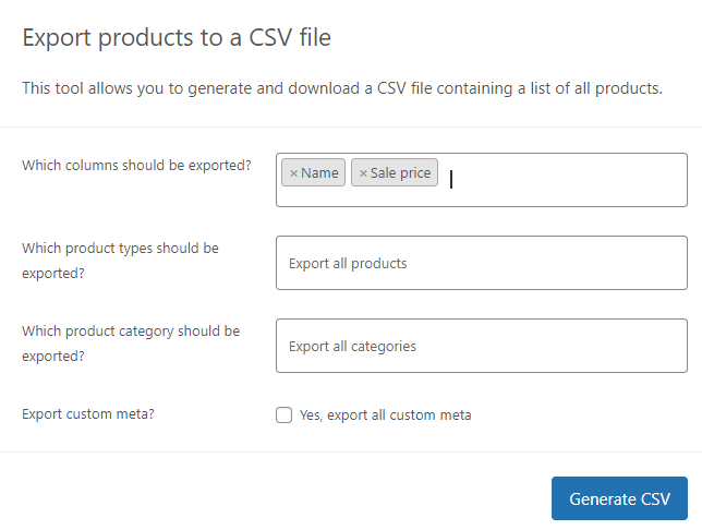 Export Products to CSV file page