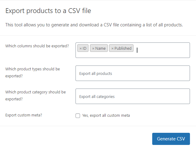 select columns for export in export products form