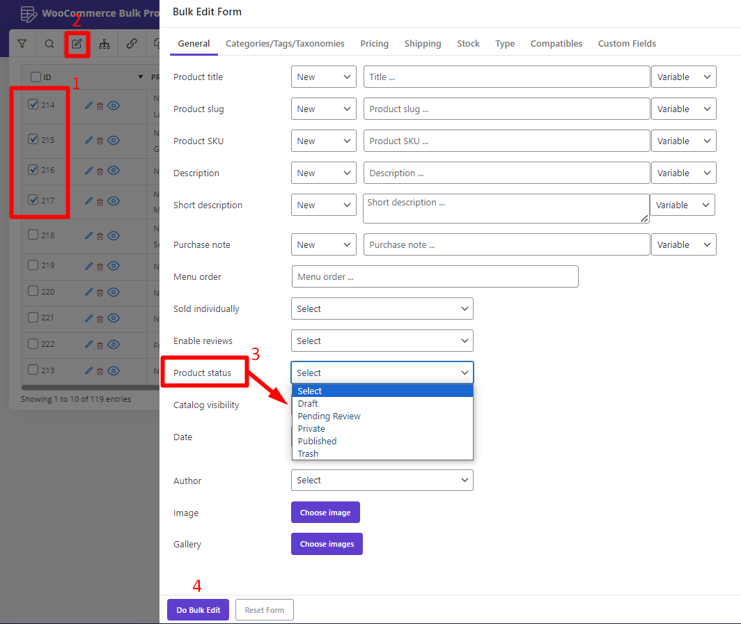 select product status field in Bulk Edit Form