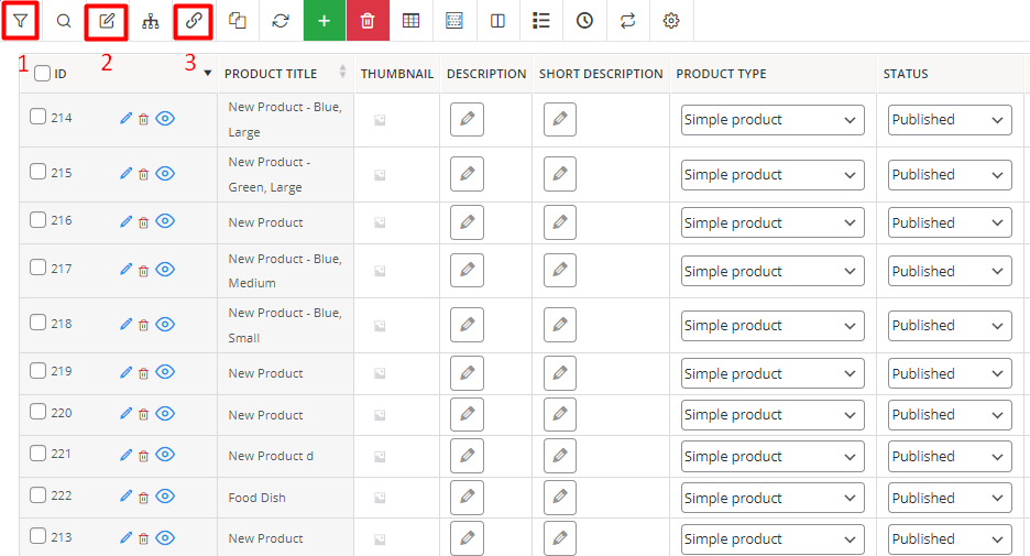 select products bulk edit plugin tools in WooCommerce toolbar