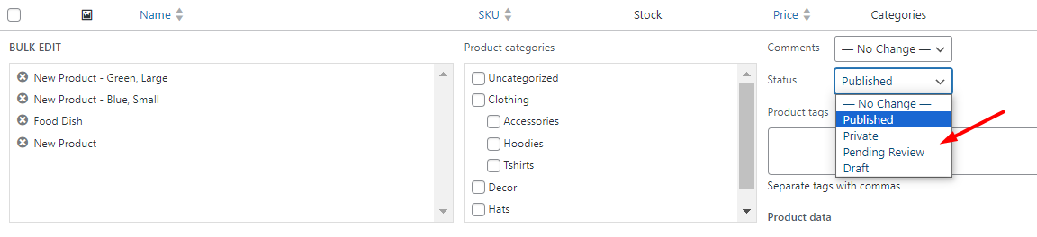 select published categories in bulk edit form