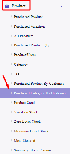select purchased category by customers sub menu in product tab