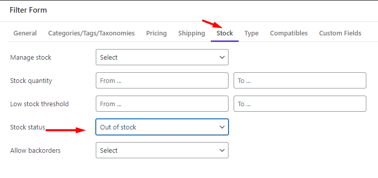 select stock status field in filter form