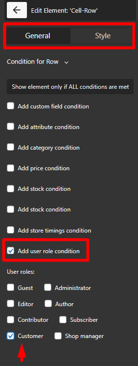 select user role in general tab