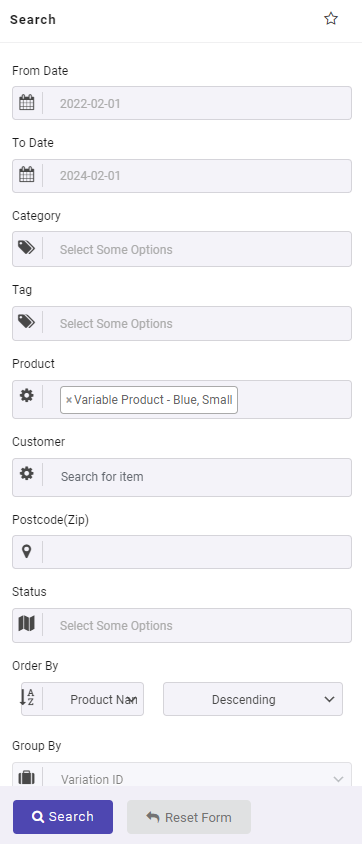 filter specific variation in WooCommerce search form