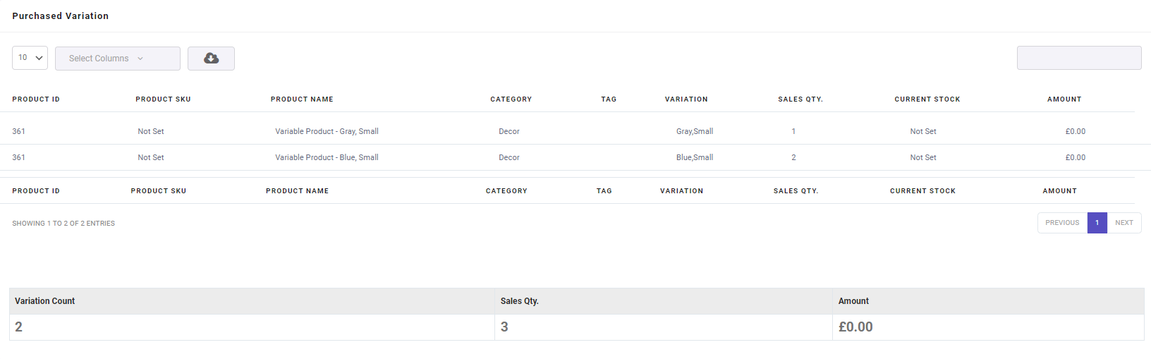 WooCommerce purchased specific variation result