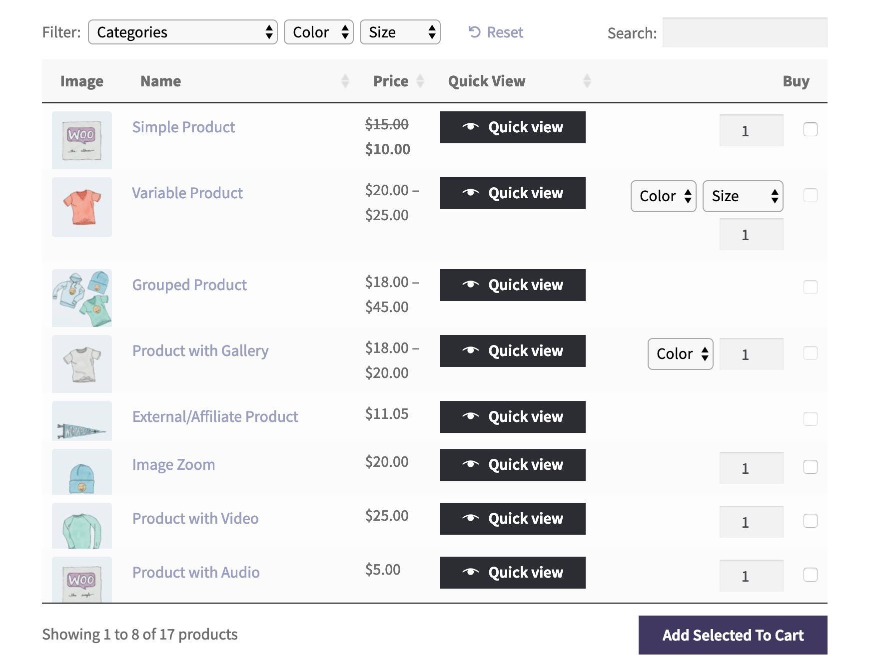 result product quick view in WooCommerce table