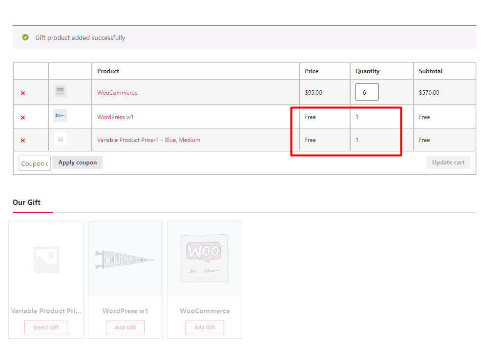 WooCommerce products gifts added to cart
