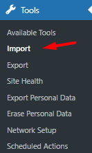 Select import sub-menu in WordPress dashboard tools menu
