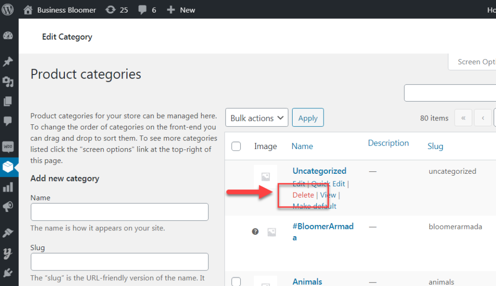 WooCommerce delete uncategorized product category