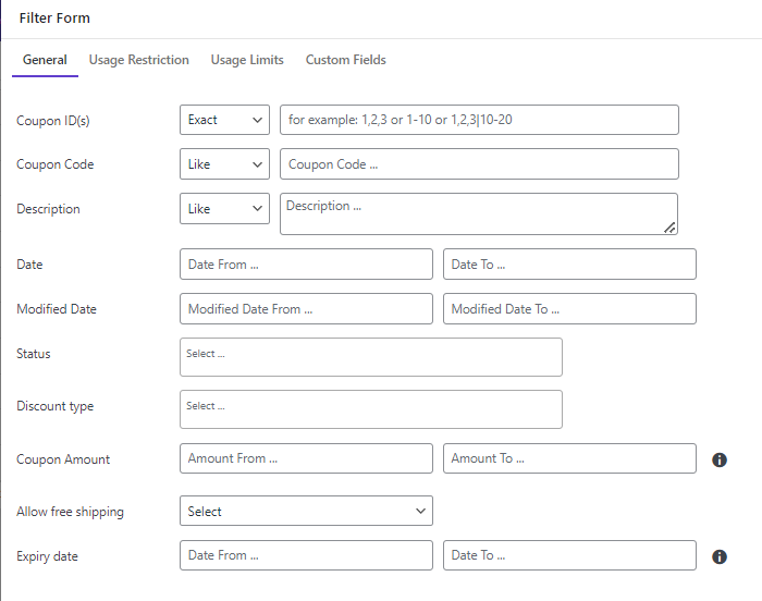 WooCommerce coupons bulk edit filter form