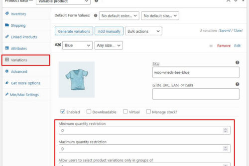 Set minimum and maximum quantity limits for product variations