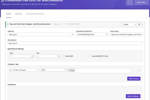 In WooCommerce free gifts you can set buy X get X method for giveaway gift products