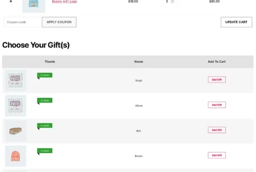 Available gift products can be shown as data grid(table) view on WooCommerce checkout page