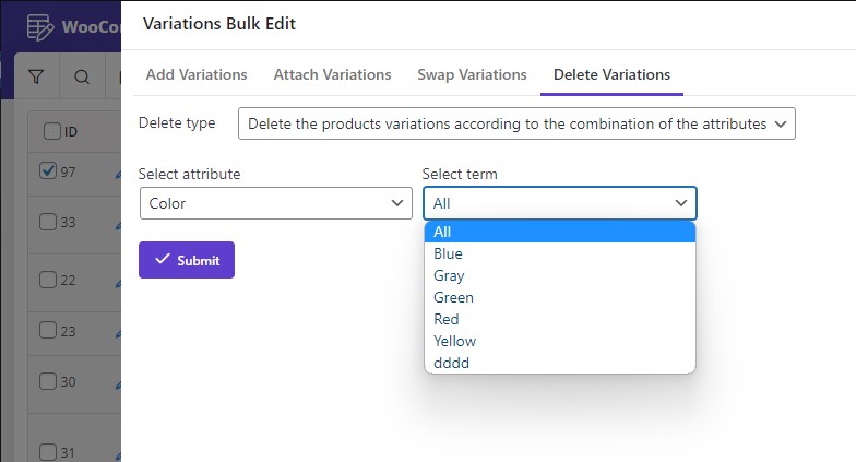 The WooCommerce Bulk Variation plugin enables the removal of product variations in bulk, streamlining the process of managing and cleaning up variations.