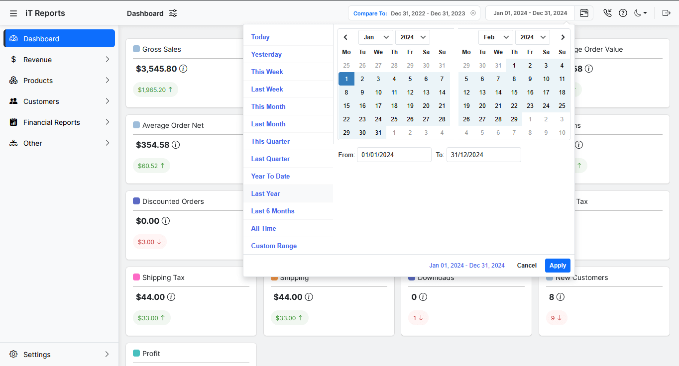 Powerful date filters to analyze any time range.