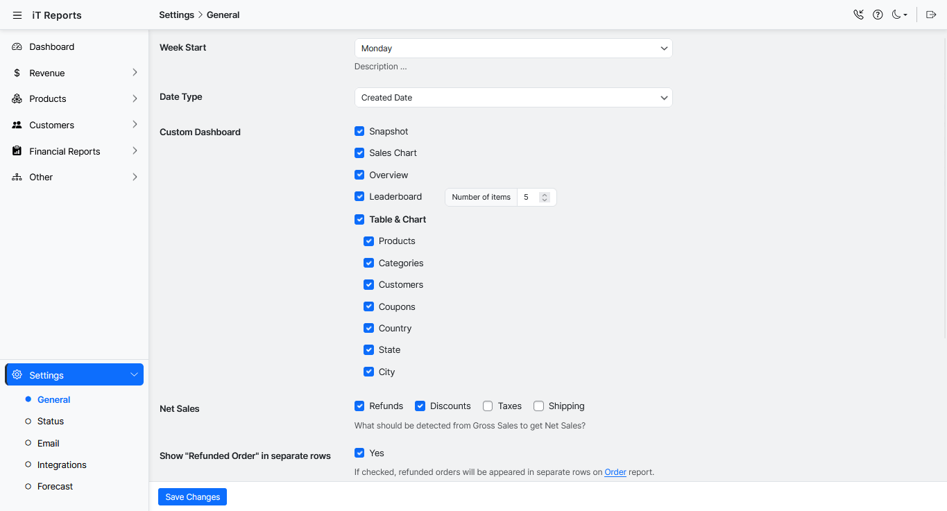 General settings panel to customize Advanced Report.