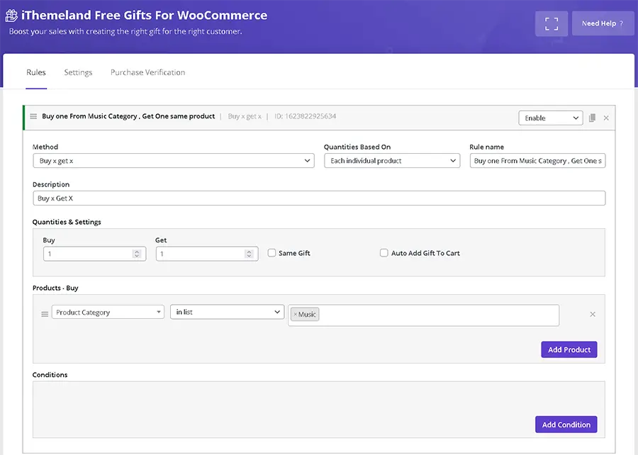 In WooCommerce free gifts you can set buy X get X method for giveaway gift products
