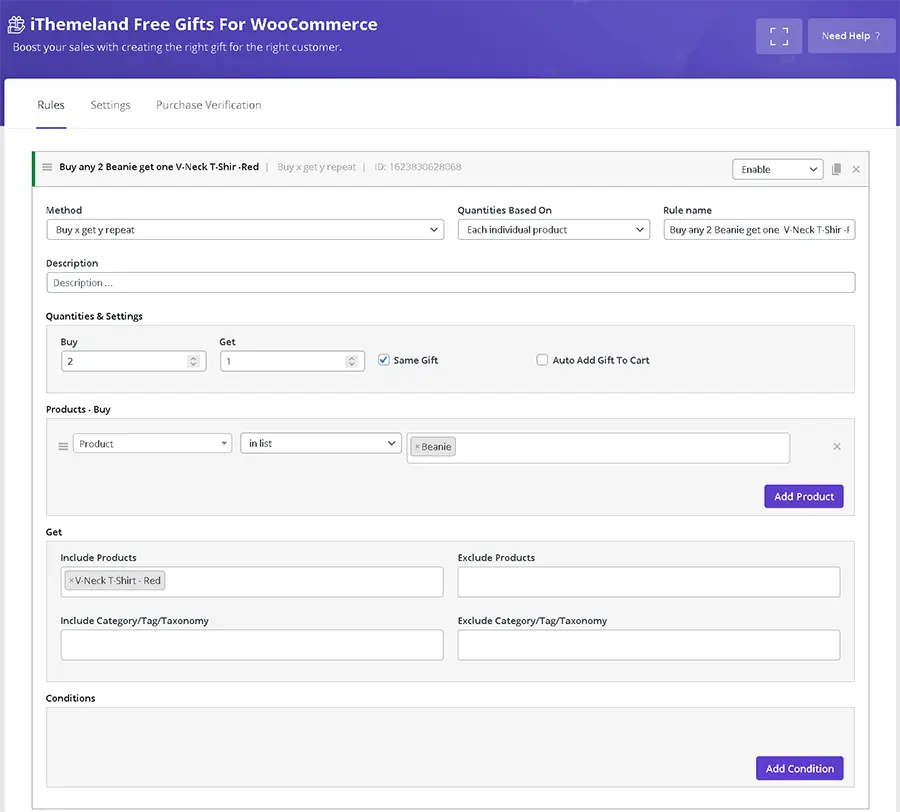 In WooCommerce free gifts plugin you can set Buy X Get Y method for giveaway gift products. This mean buy one product get another as gift and repeat this if more purchase.
