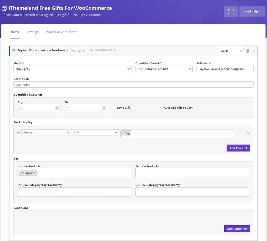In WooCommerce free gifts plugin you can set Buy X Get Y method for giveaway gift products. This mean buy one product get another as gift