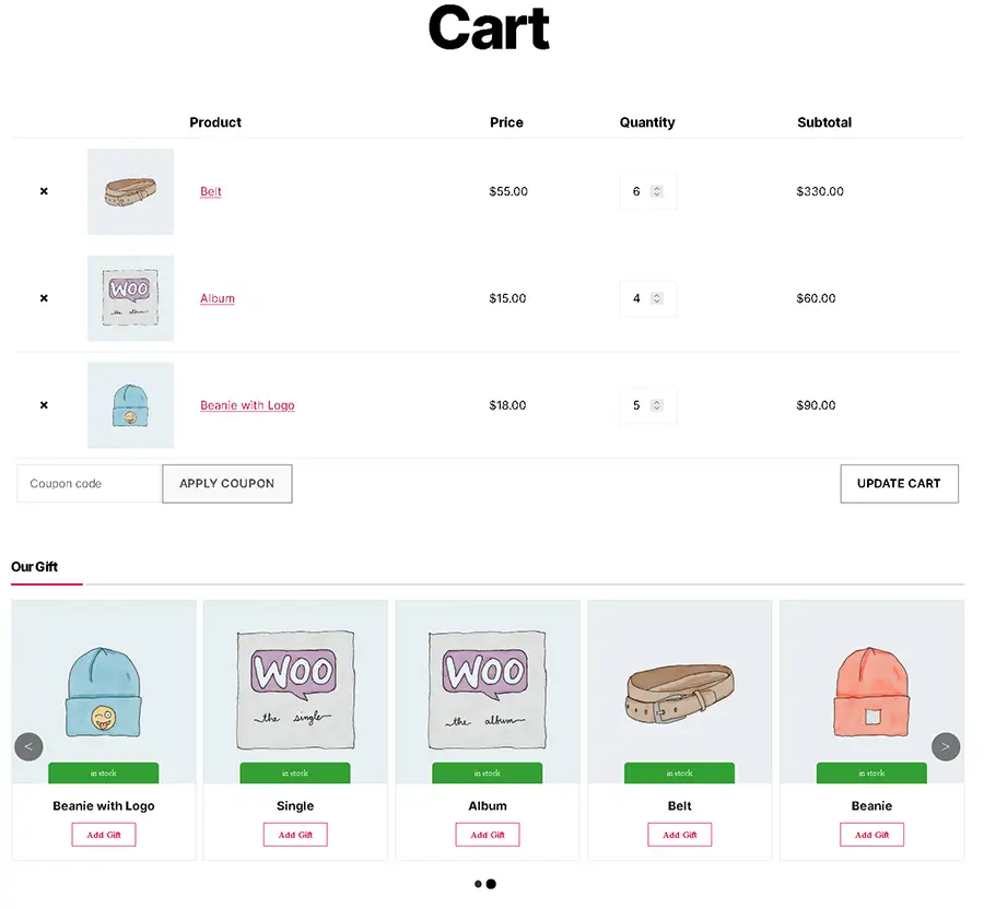 Available gift products can be shown as carousel view on WooCommerce checkout page
